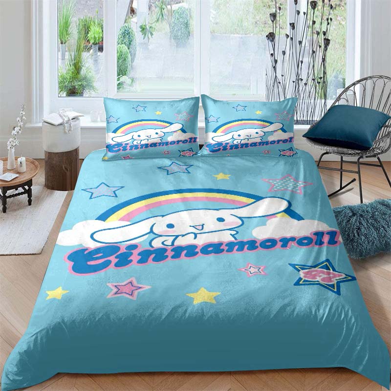 3D printed cartoon Cinnamoroll themed three-piece bedding set, including duvet cover and pillowcases, a perfect holiday gift.