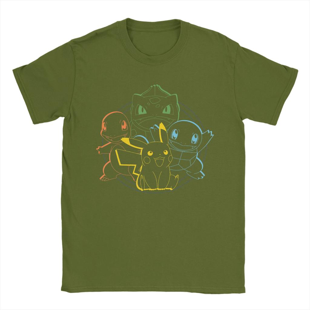 Men TShirts PPokemon Pikachu Charmander Bulbasaur Squirtle Kanto Circle Cotton Tees T Shirts Round Collar Clothing New Arrival
