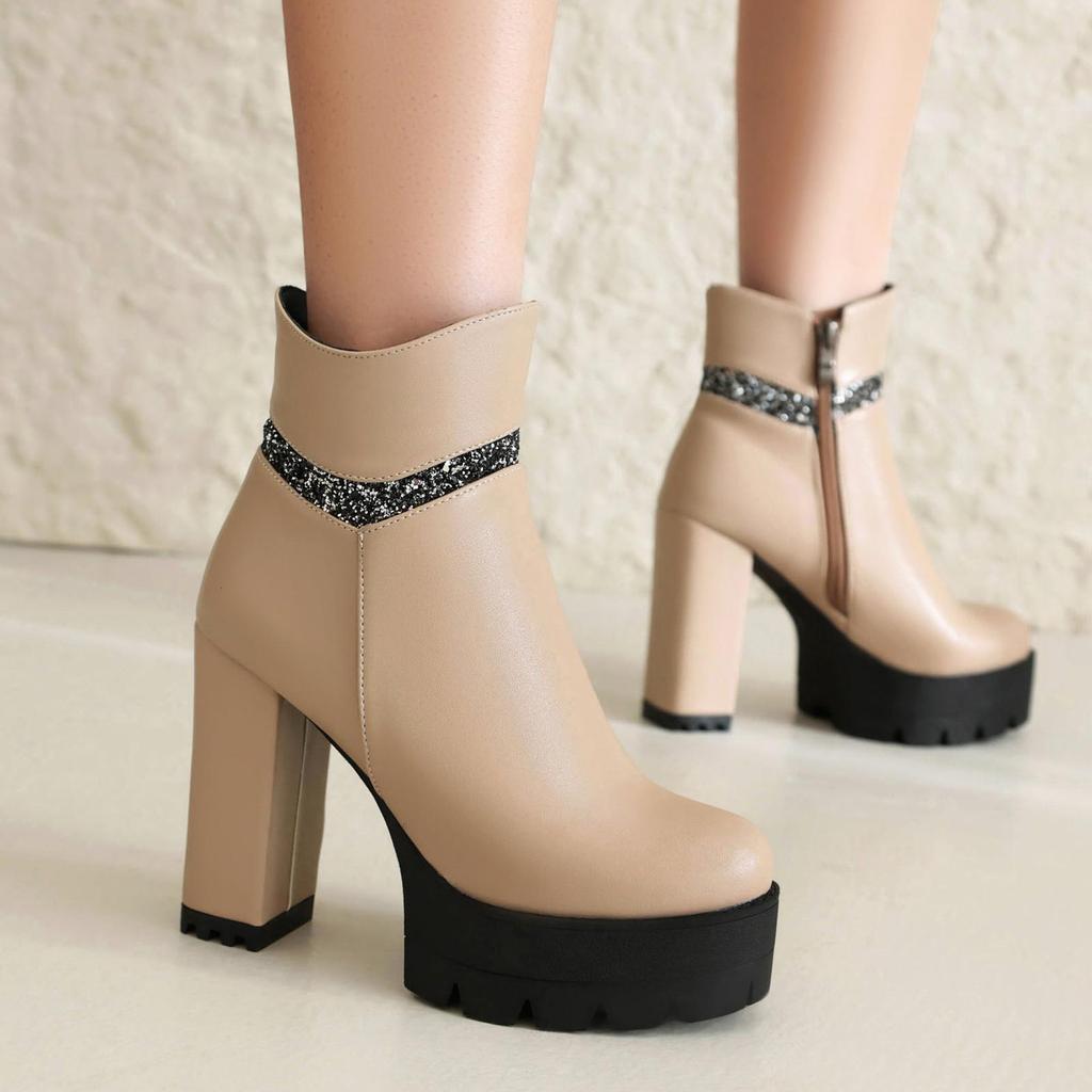 Женские короткие сапоги на высоком каблуке, осенне-зимние новые цветные непромокаемые большие короткие сапоги на платформе на толстом каблуке