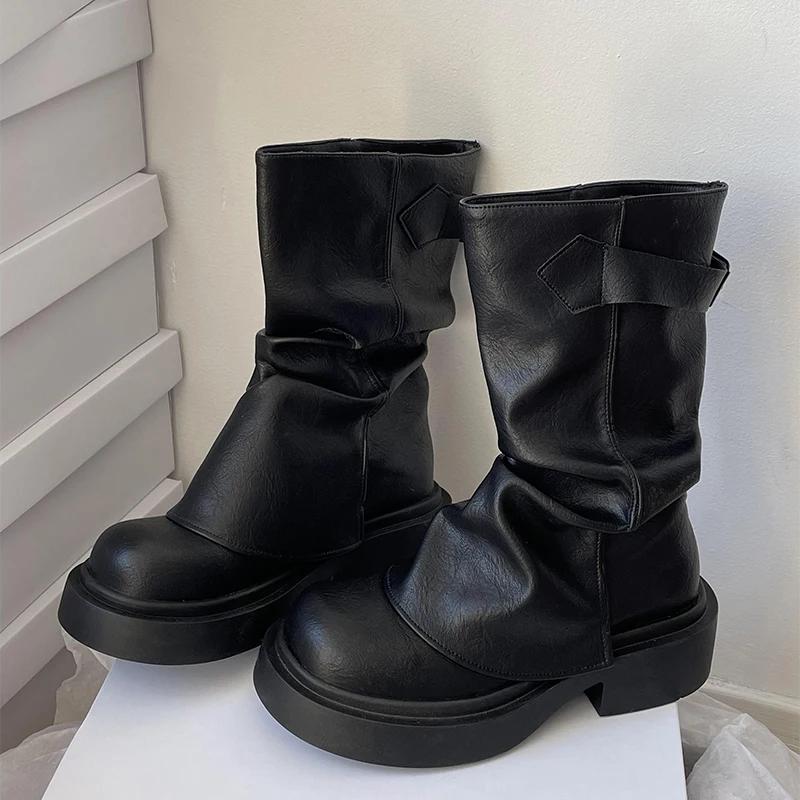 Fashion Vintage Women Western Cowgirl Boots Fashion Belt Buckle Shoes Autumn Winter Thick Heel Ladies Modern Short Booties