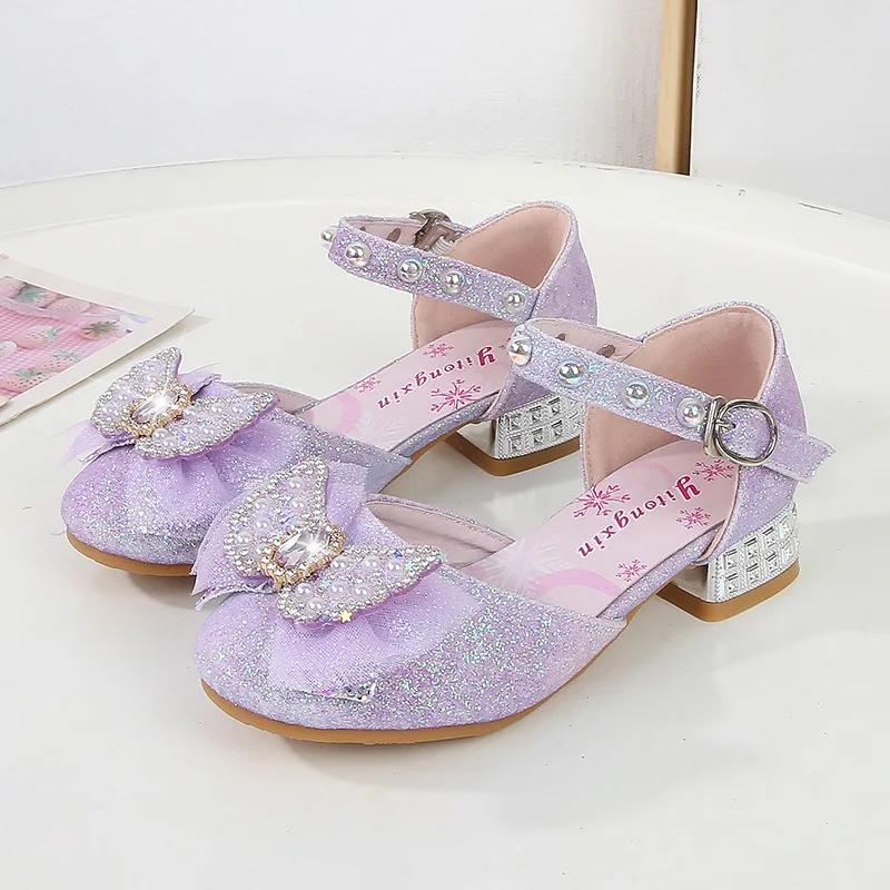 Children Princess Shoes Fashion Glitter Bowknot Girls Wedding Party High-heels Sandals Elegant Kids Sequins Dress Single Shoes