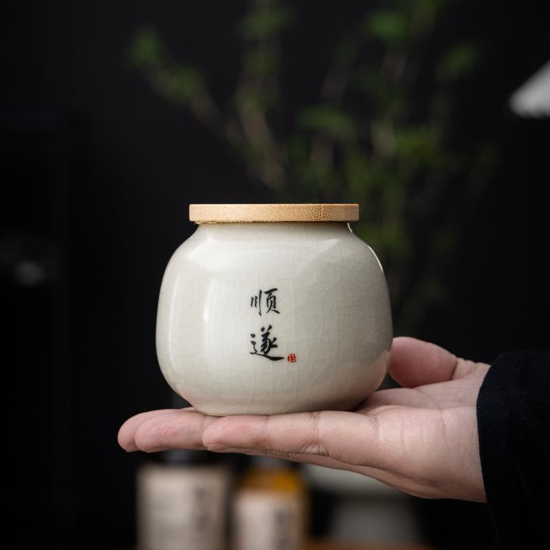 Ru Kiln Calligraphy Tea Canister Ceramic Mini Small Sealed Jar Pu'er Red Green Tea Storage Tea Powder Canister Dried Fruit Moist