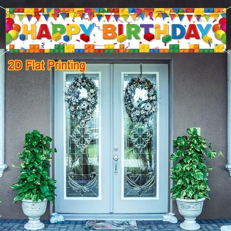 Happy Birthday Building Block Banner, Colorful Balloons & Confetti Design, Durable Polyester Outdoor Indoor Garden Porch Fence Decoration