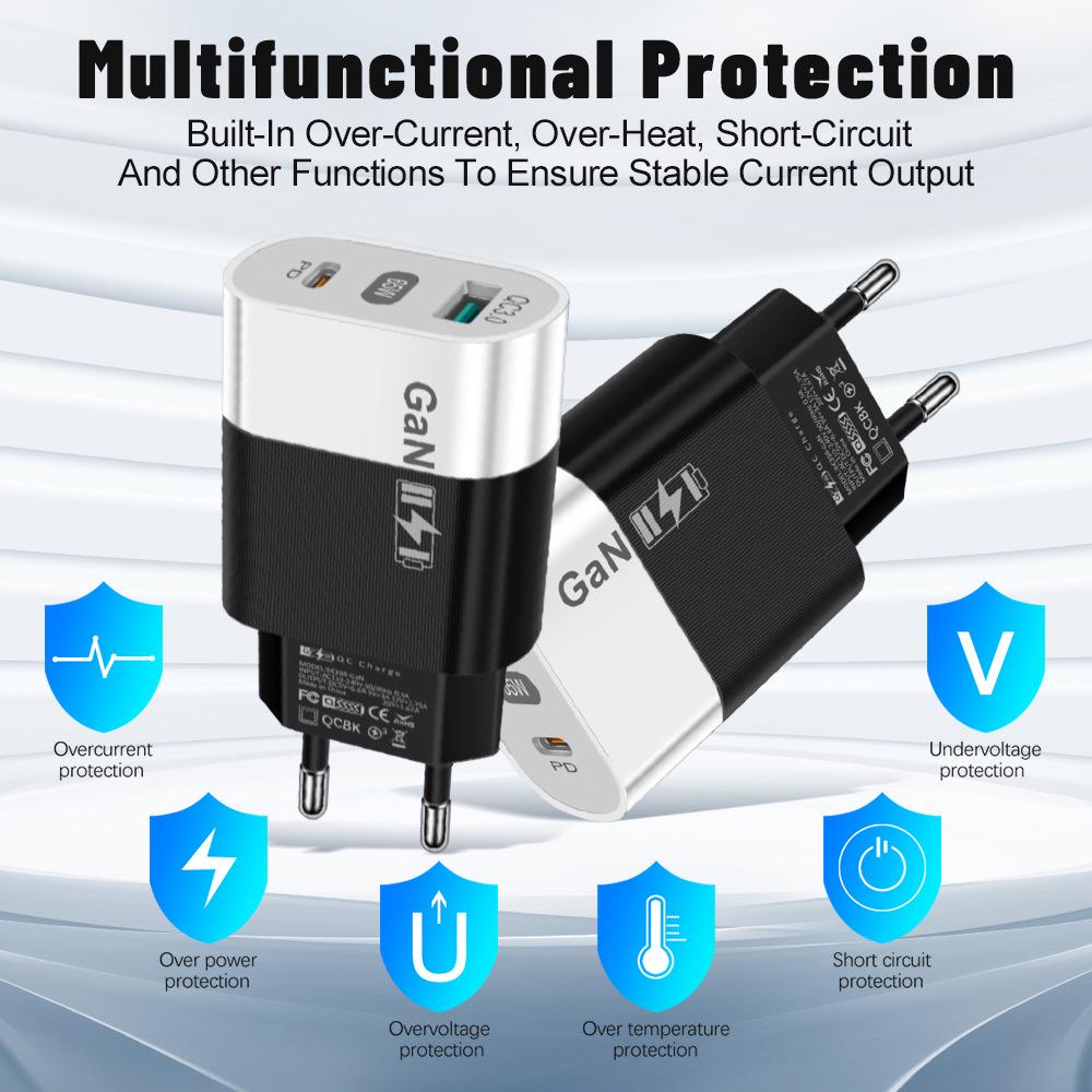 33-ваттное USB-зарядное устройство GaN: Быстрая зарядка QC 3.0 и PD, 9В/12В, стандарт США/ЕС