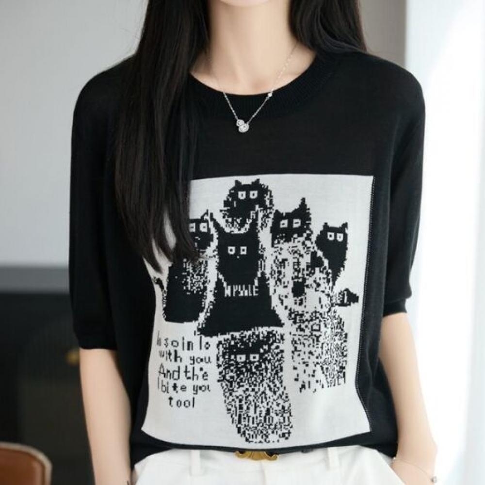 Navava Women DoT CaT PrinTing Round Neck ShorT Sleeve KniT T shirT Nk3678