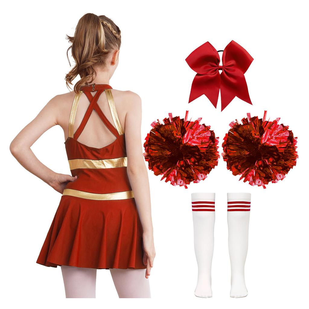 Платье для девочек в стиле чирлидинг без рукавов с перекрещивающимися бретелями, ажурная спинка с буквенным принтом, комплект носков с бантом в стиле пэчворк