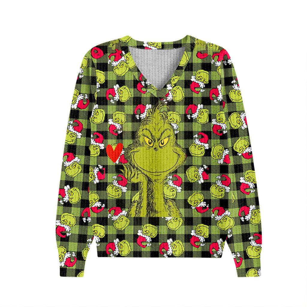 Женский милый свитер вязаный модный повседневный с V-образным вырезом длинным рукавом уютный с принтом топ