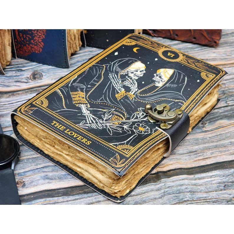 Grimoire Journal - Leather Print Journal - Blank Spell Book of Shadows, Wiccan, Book of Lovers for Him Her