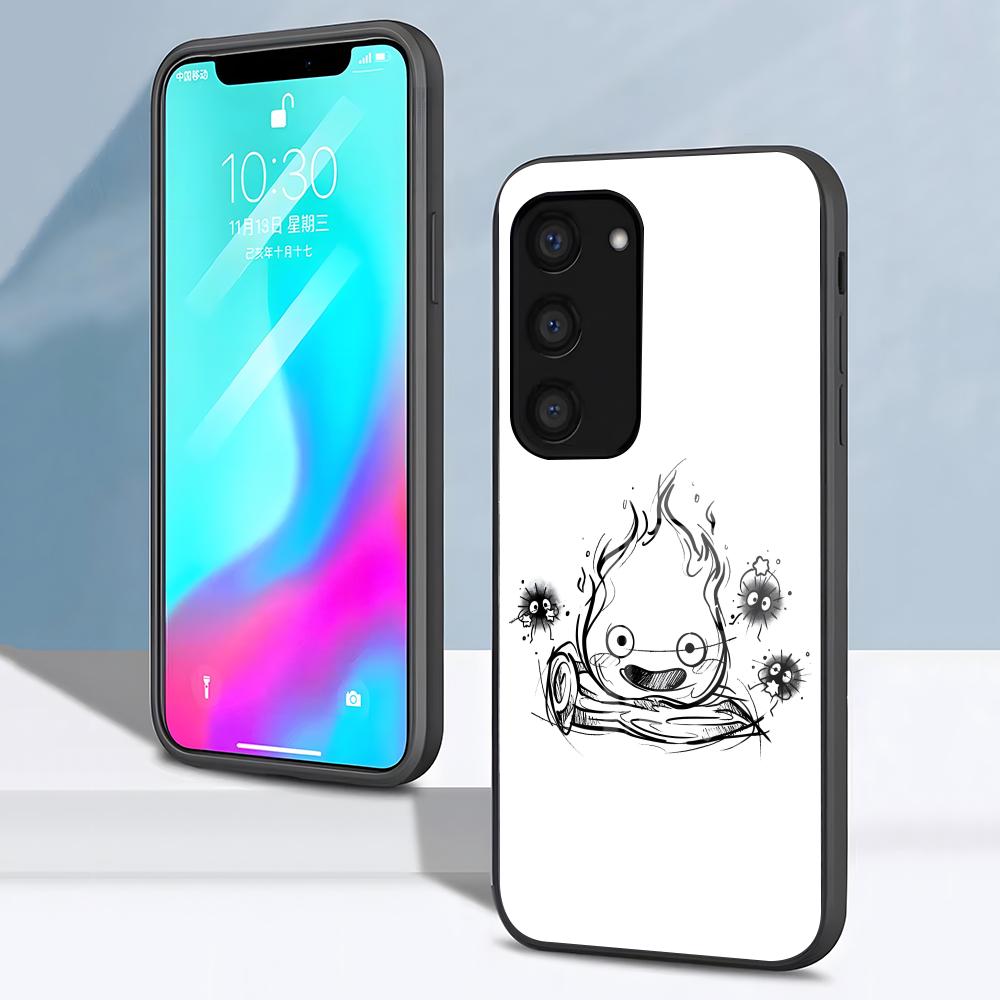 Аниме Милый Чехол-Калькулятор Кальцифер для Samsung S26 S25 S24 FE S23 S22 S21 Plus S20 Ultra Note20Ultra Черная Стеклянная Крышка