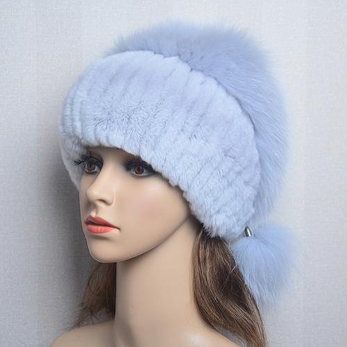 New Lady Winter Warm Natural Rex Rabbit Fur Hat Women Elastic Soft Handmade Knitted Real Fur Cap Fox Fur Beanies Hats