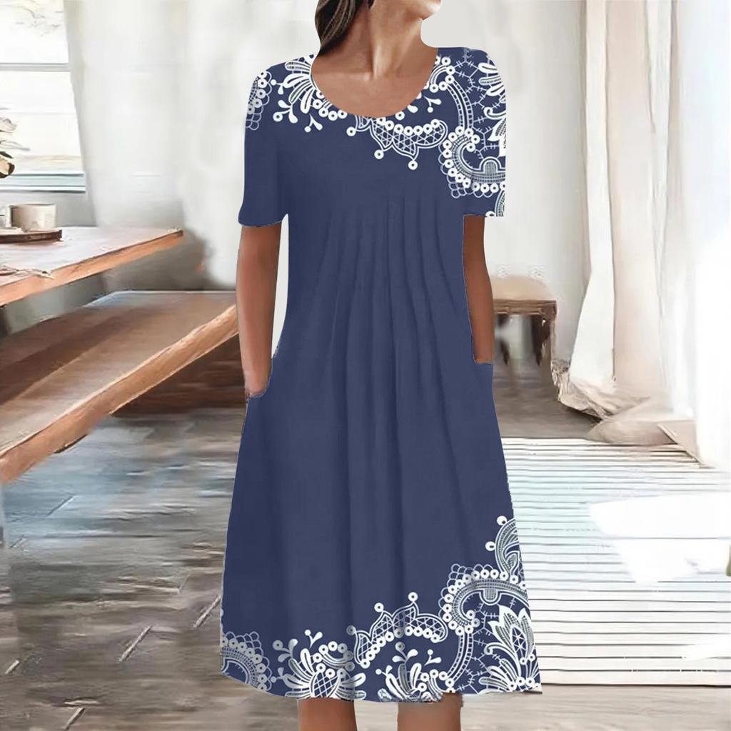 Женское летнее повседневное модное свободное платье с круглым вырезом и коротким рукавом с принтом