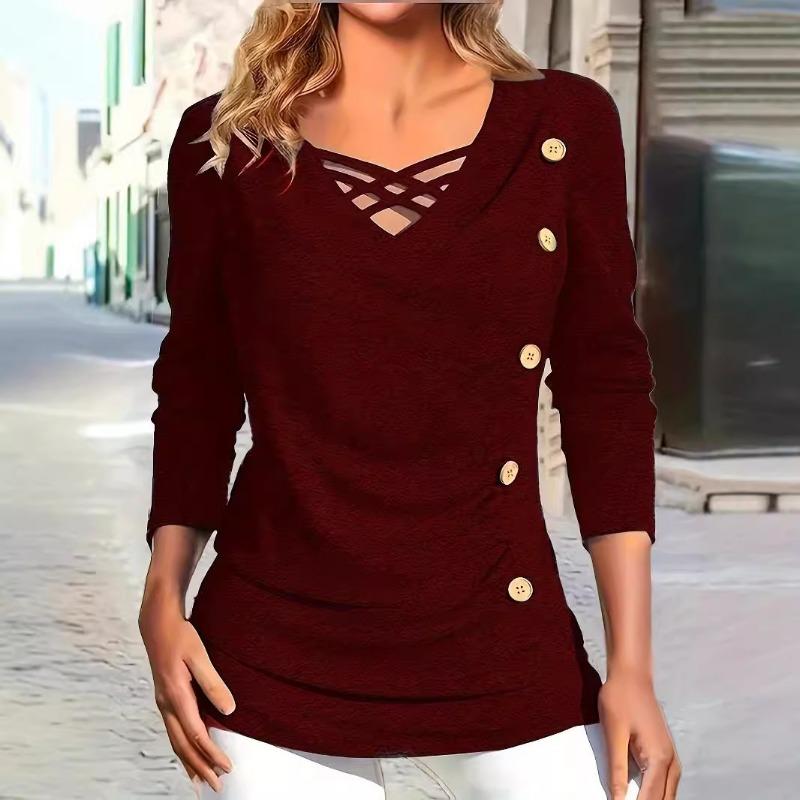 YYFS Женские модные повседневные весенне-осенние однотонные блузки и рубашки с v-образным вырезом и длинным рукавом с принтом