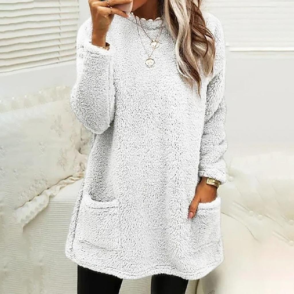 Autumn And Winter Women's Solid Color Round Collar Casual Loose Long Sleeve Pocket Plush Sweatshirt Women