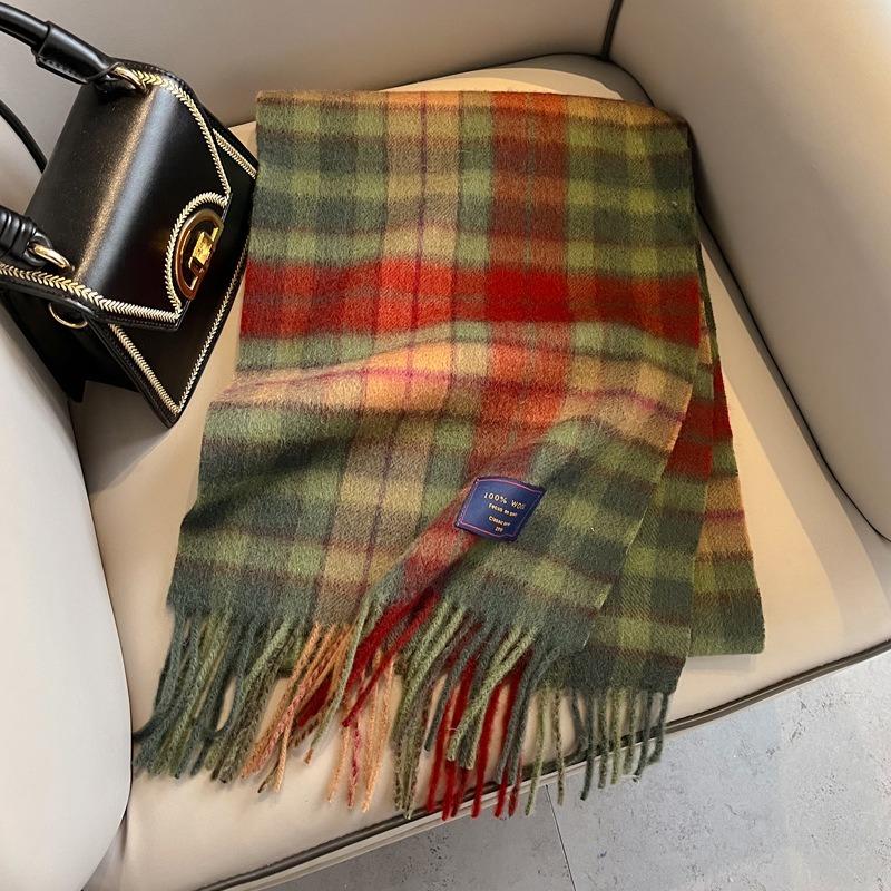 100 Pure Wool Plaid Scarf Women's Winter New Girls Autumn and Winter Green High-end Feeling with Coat Scarf