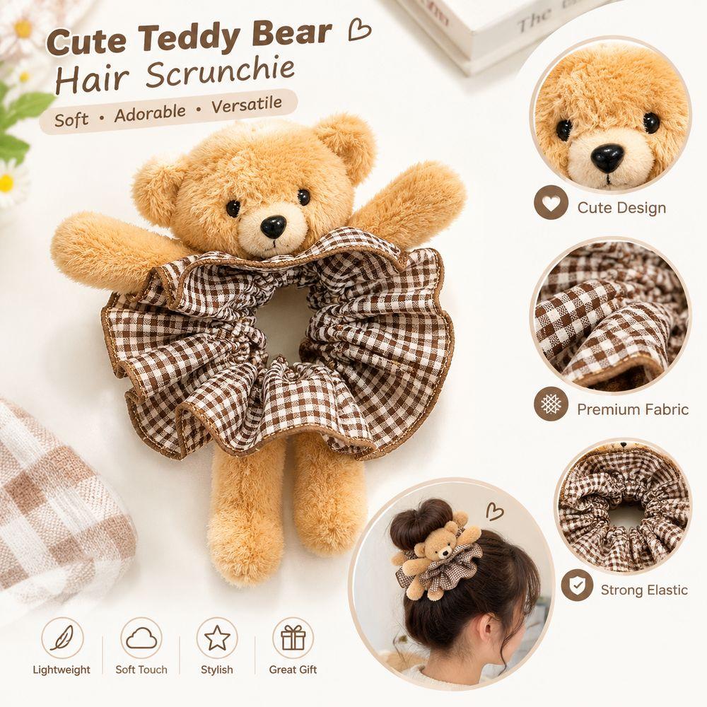 Scrunchie Hair Accessory Teddy Bear Hair Ring Plaid Plush Hair Band Ear Fluffy Ponytail Holder