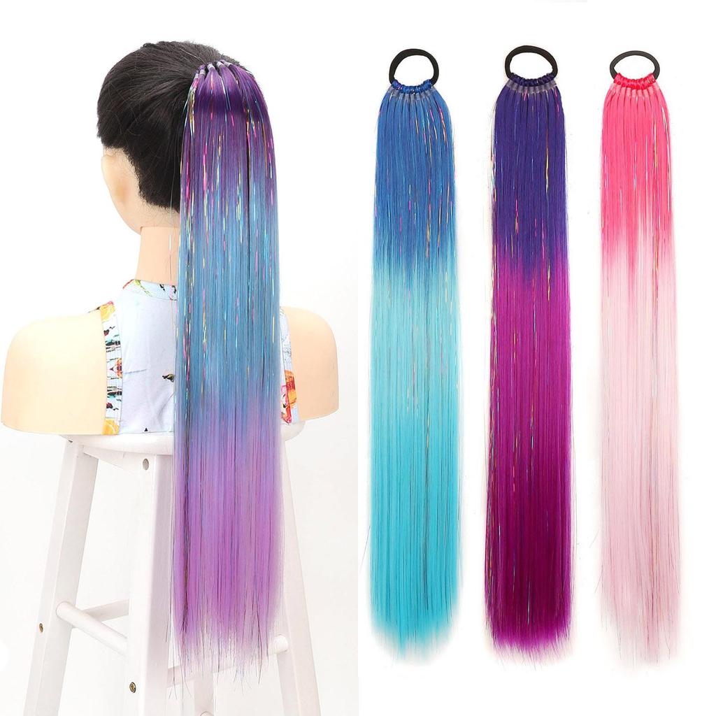 Синтетический хвост-накладка для волос с 9 прядями, блестящая мишура радужной расцветки, резинки для вечеринки, косплея