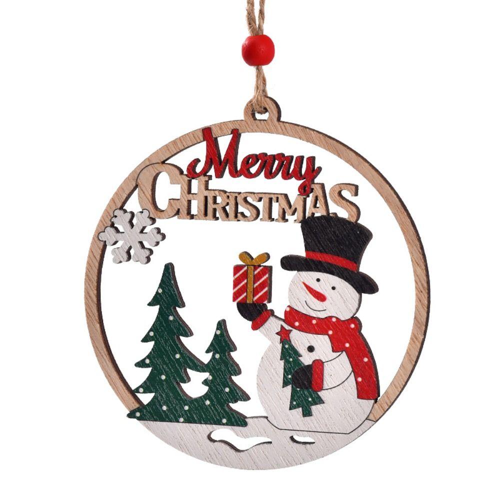 Wooden Christmas Tree Pendant Round Snowman/Santa Claus/Elk Christmas Ornament Hollow Hanging Christmas Decoration
