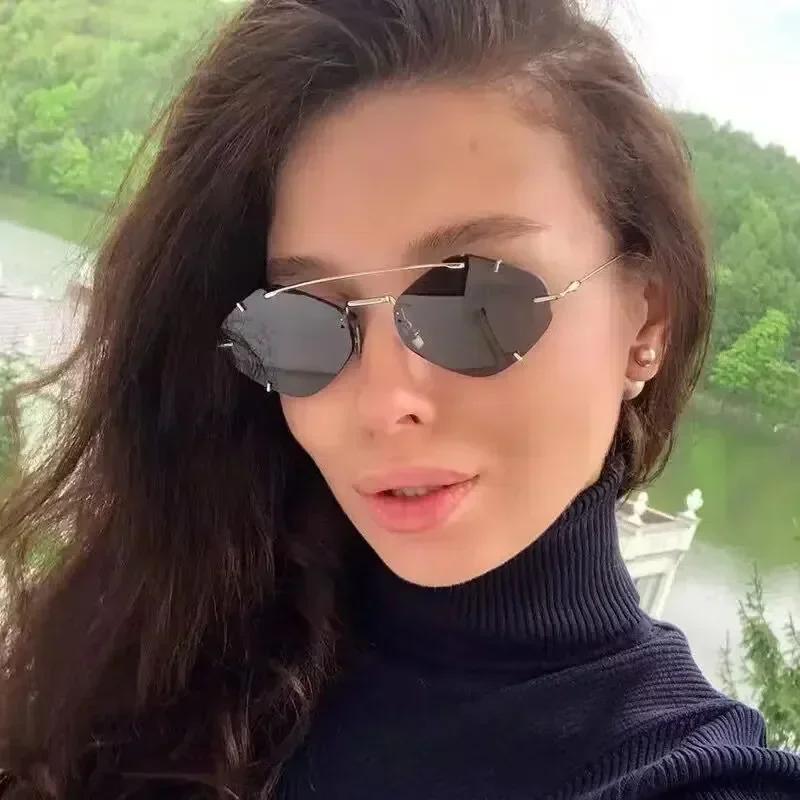 Модные безободковые многоугольные солнцезащитные очки женские очки с двойной переносицей ретро солнцезащитные очки роскошные дизайнерские очки UV400 солнцезащитные очки