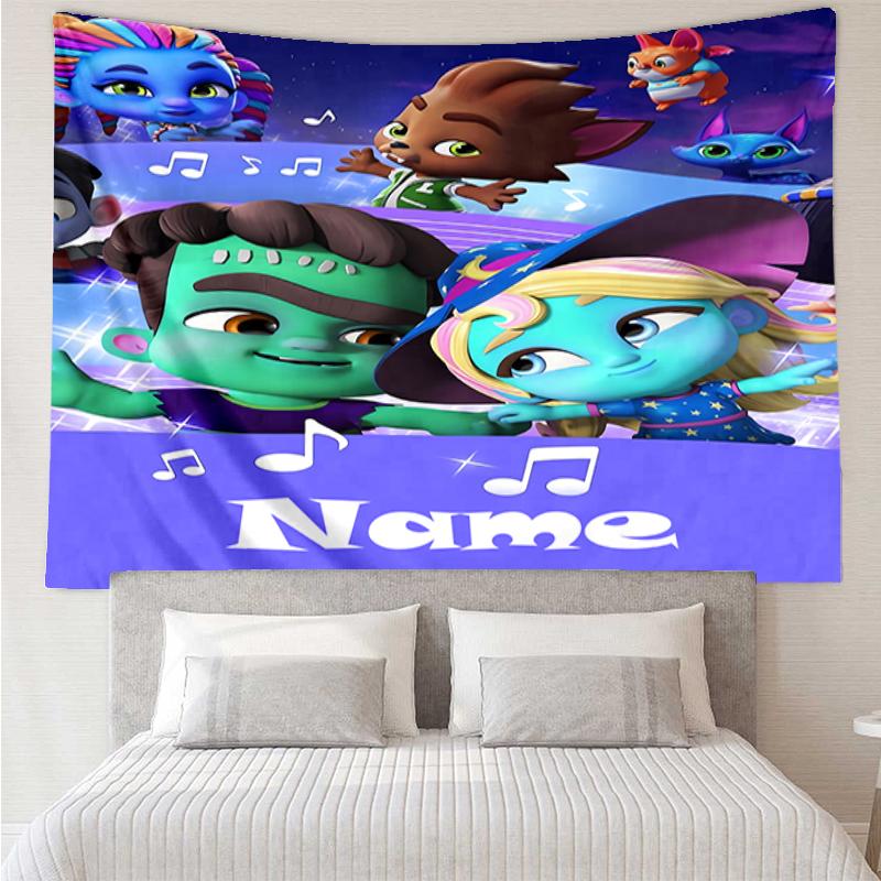 Custom Name Super Monsters Print Tapestry, Backdrop, Easy Setup, Ideal for Bedroom, Office & Living Room, with Aesthetic Wall Hanging Decor.