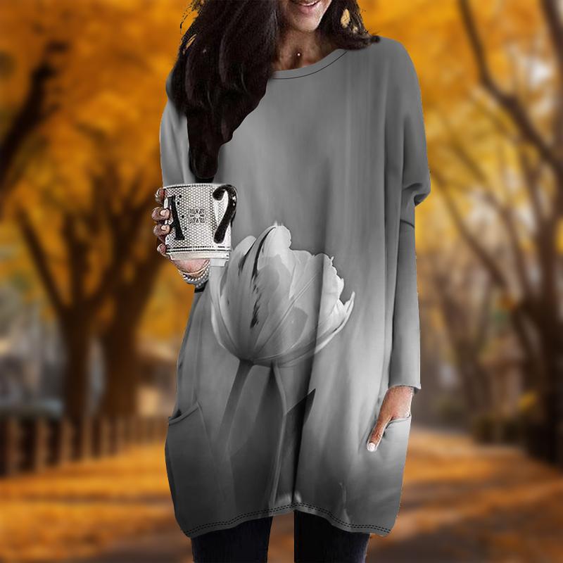 Новинка осени. Платье больших размеров с принтом свежей лилии. Женское повседневное платье с круглым вырезом и длинными рукавами. Платья с карманами.