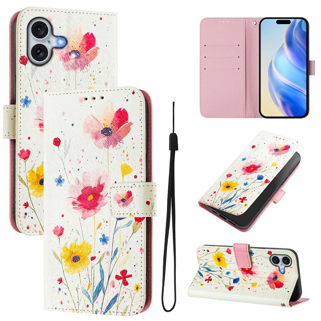 For iPhone 16 Plus Case Pattern Printing Wallet Phone Cover with Strap
