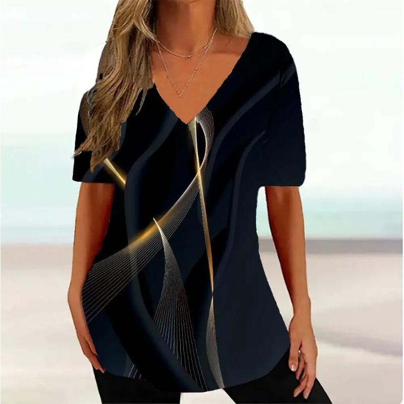 Plus Size Simple Women's T-shirt 3d Wave Curve Tee Fashion V-neck Summer Short Sleeve Loose Streetwear Female Clothes Casual Tshirt Ladies