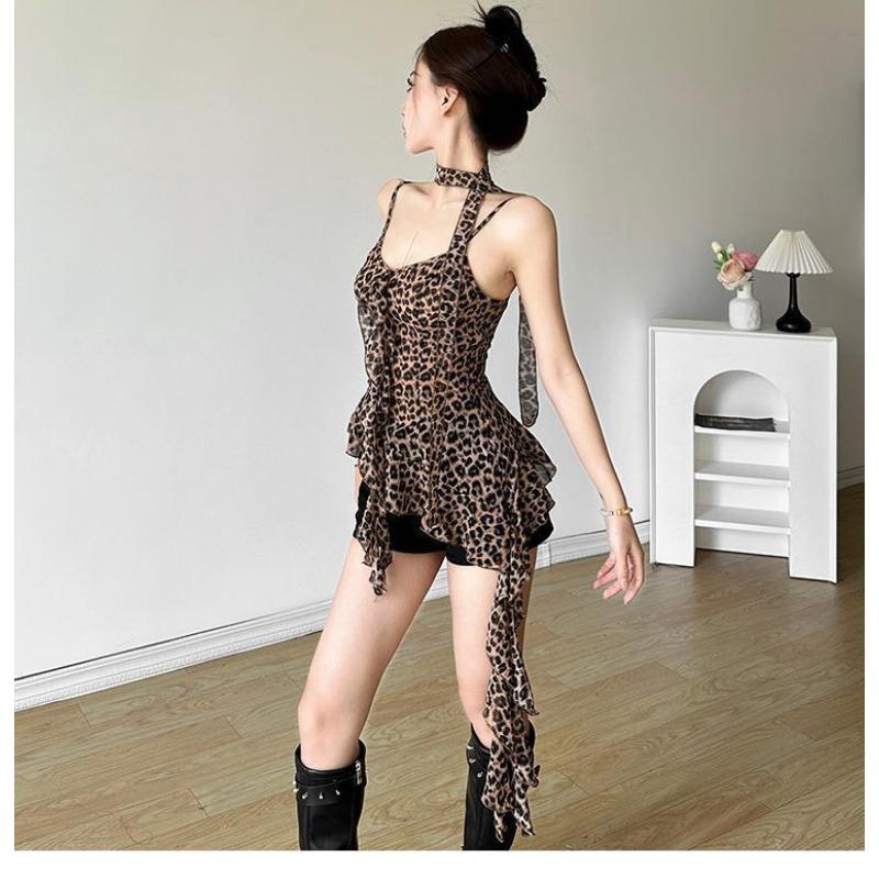 Leopard American Print Y2k Vintage Sexy Dress Women Irregular Design Lace Strap Dress Evening Party Style Summer Fashion