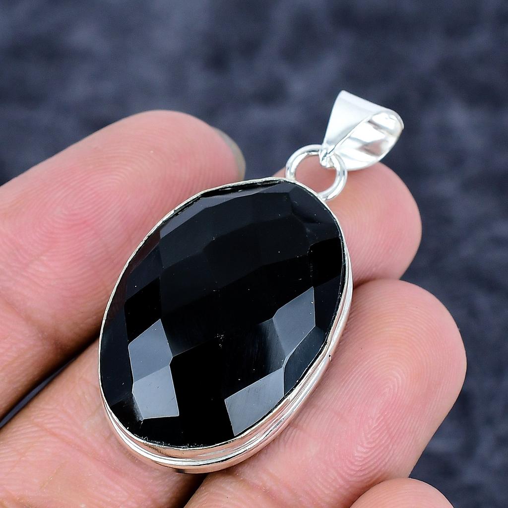 Black Spinel Gemstone Handmade 925 Sterling Silver Jewelry Pendant 1.77" M-3239