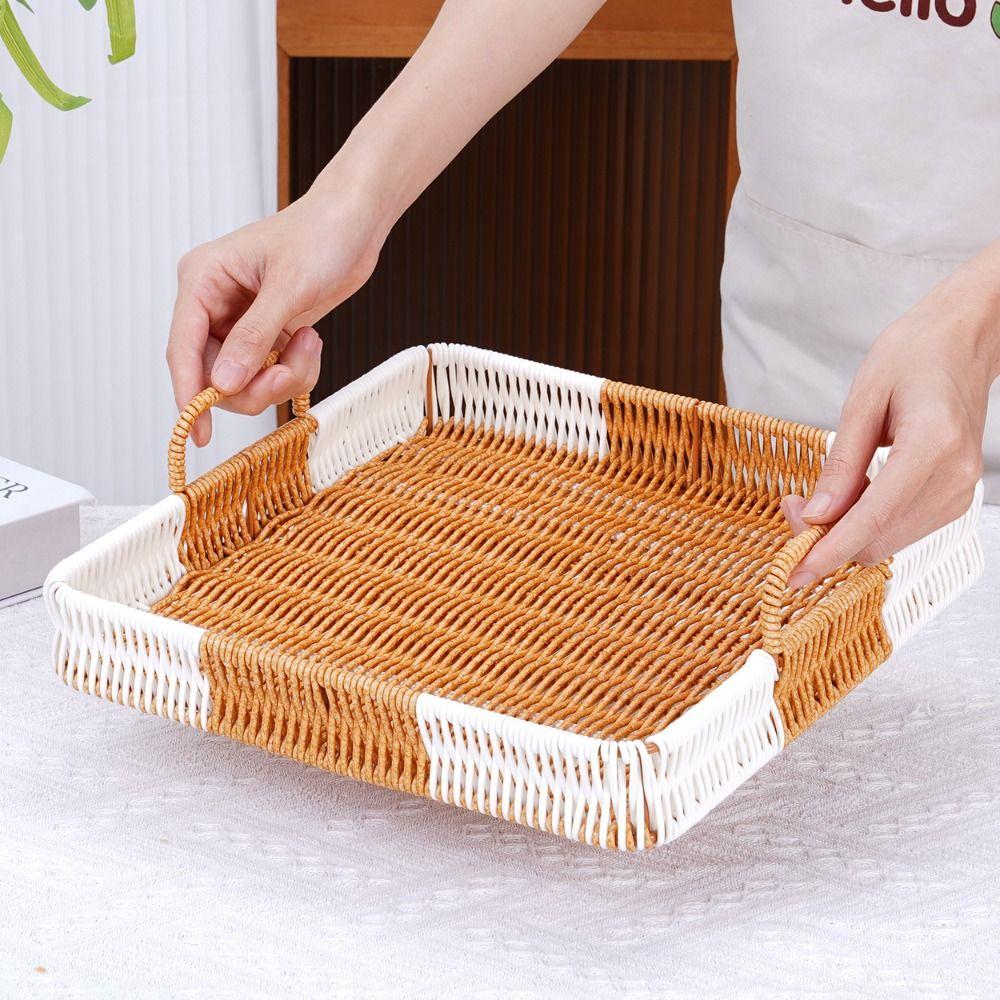 with Handles Woven Serving Basket Washable Imitation Rattan Fruit Plate Kitchen Storage