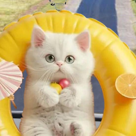 Кот, лежащий в плавательном круге, имеет яркое изображение, а стильный современный дизайн добавляет ощущение изысканности. Существуют различные способы подвешивания,