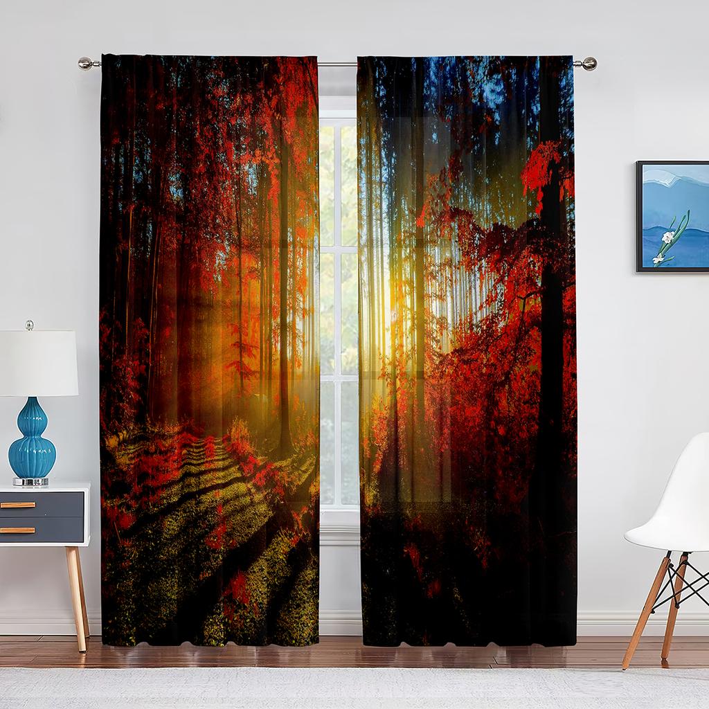 Fall Forest Tulle Curtains for Living Room Bedroom Decoration Autumn Trees Woodland Sunshine Nature Scenery Sheer Voile Curtain