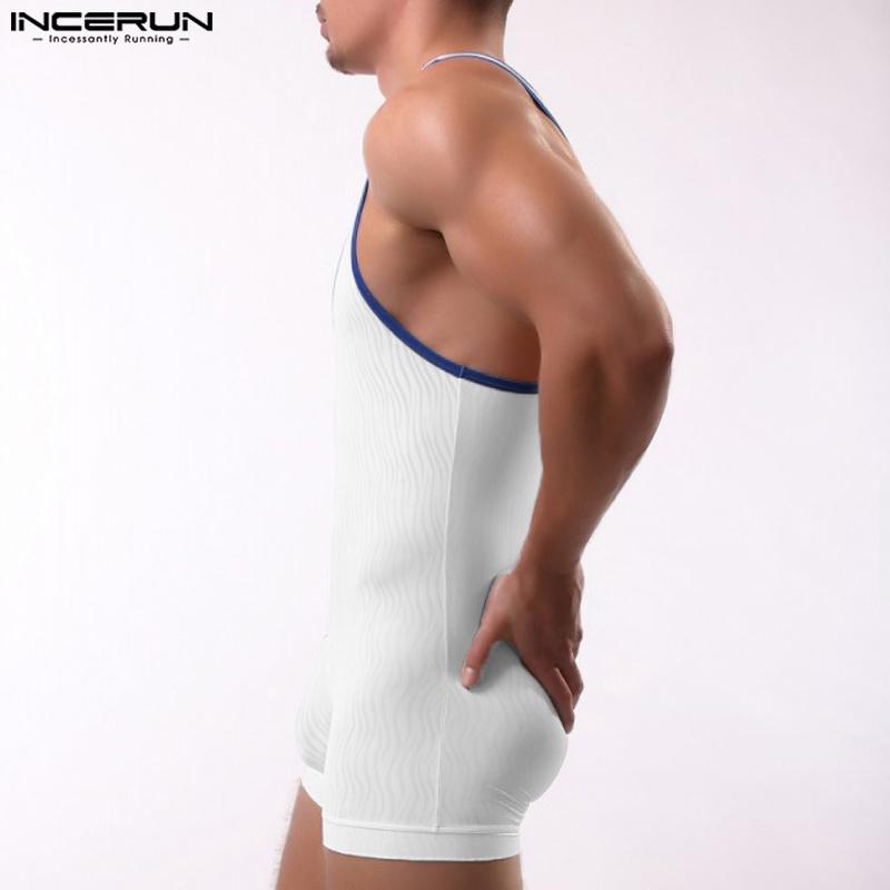 INCERUN Men Sleeveless Patchwork Lace See Through Mesh Playsuit Jumpsuits