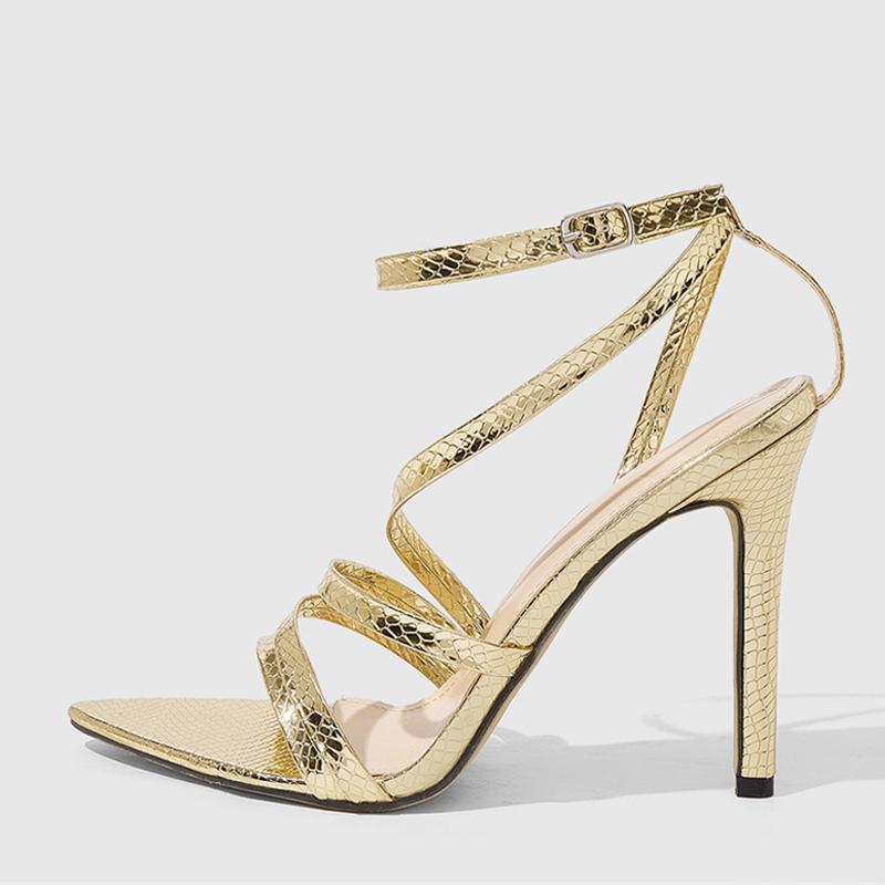 Liyke Сексуальные золотые кожаные босоножки с принтом змеи и ремешком на щиколотке для женщин, узкий ремешок, острый носок, стриптиз-каблуки, туфли для вечеринки, выпускного вечера, размеры 36-42