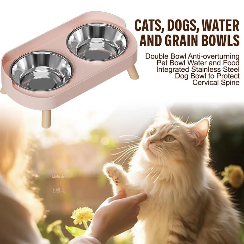 Elevated Dual Bowl Pet Feeder Stainless Steel Anti‑Slip Food Water Bowl Raised Cervical Protection Pet Feeding Bowl Pet Supplies