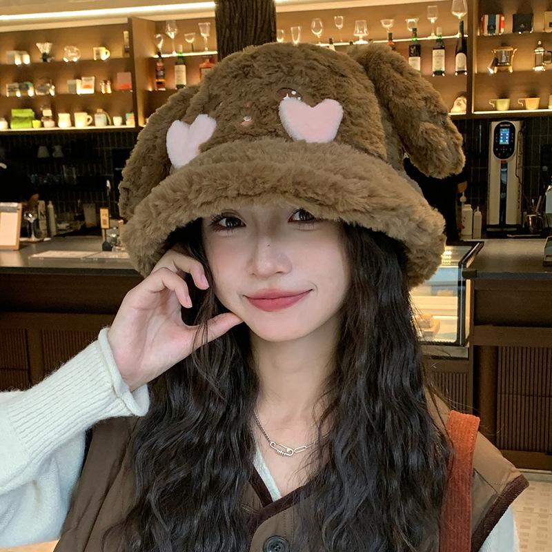 New Autumn and Winter Cute Rabbit Ear Hat for Women Fisherman Hat Warm and Versatile Face Showing Small Basin Hat Cold Proof Plush Hat Trendy