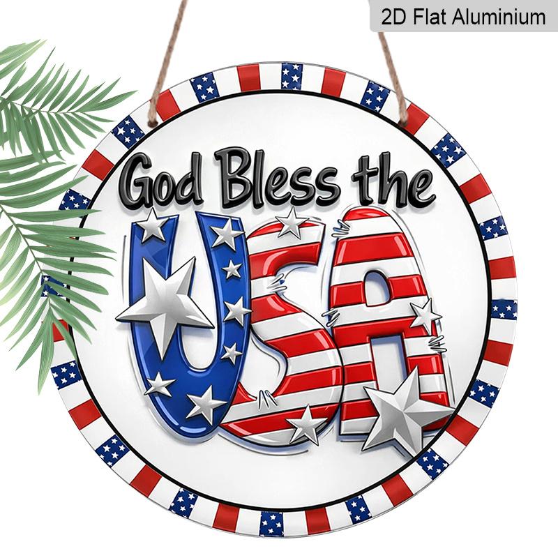 2D Flat, A Round Sign Featuring a Vintage Plaque with The Phrase 'God Bless The USA', Perfect for Patriotic Decor in Living Rooms, Bedrooms