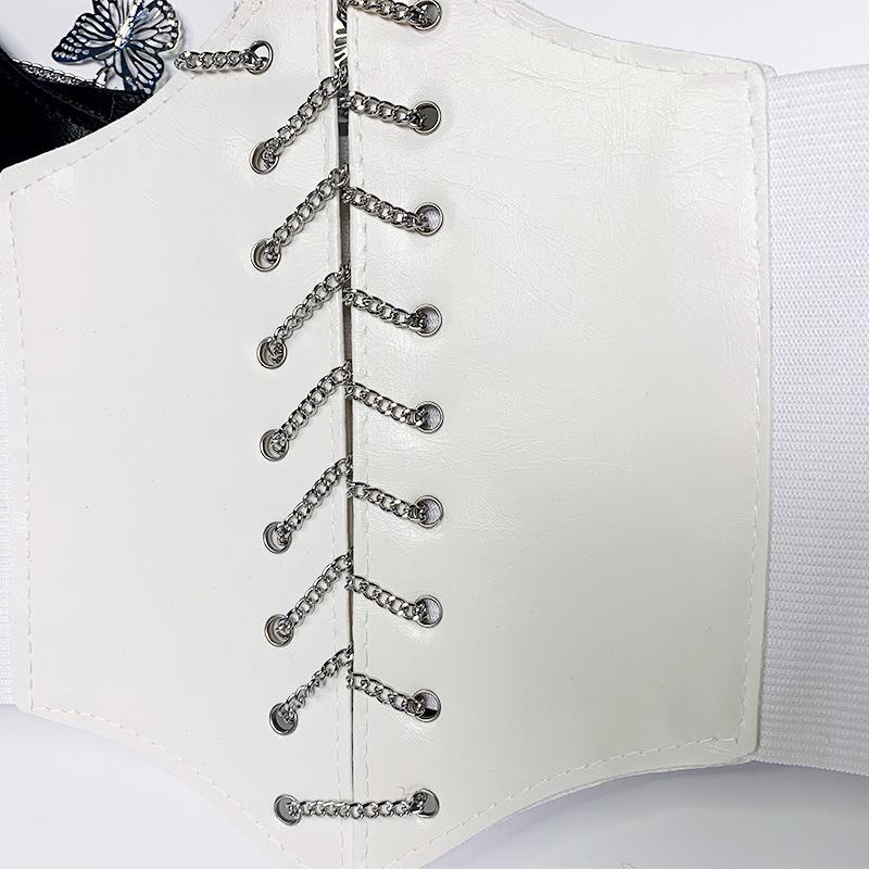 New Women's Extra Wide Corset-Style Embroidered Waist Belt with Bow Tie Chain