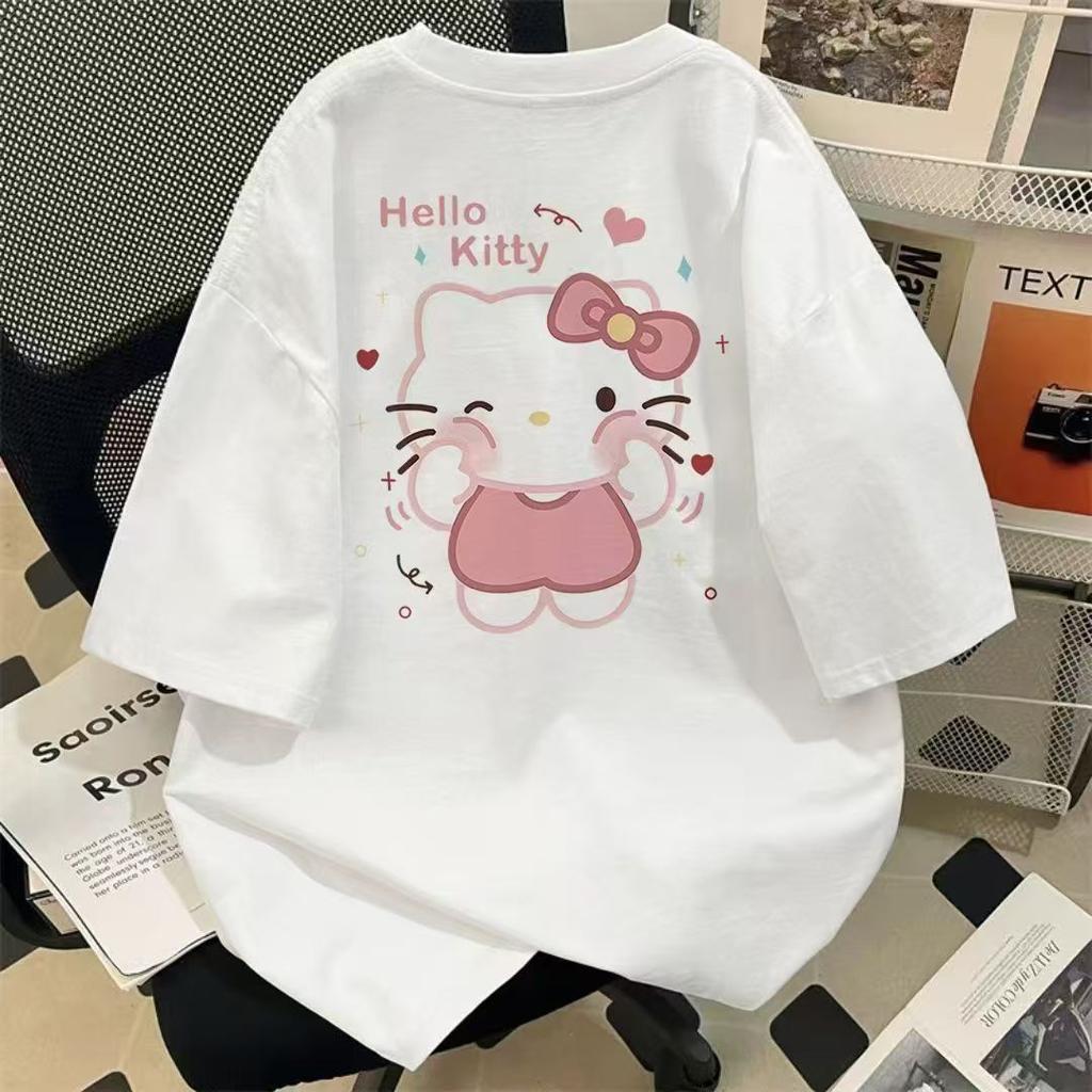Футболка Hello Kitty с коротким рукавом из мягкого хлопка, повседневная, с круглым вырезом, милый мультяшный принт, легкий летний топ для женщин, для повседневной носки