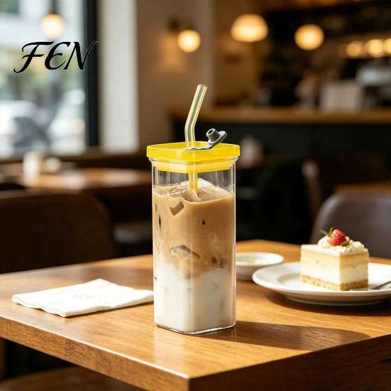 Glassware Collection for Special Occasions Square Borosilicate Glass Cup with Lid And Straw, 350ml Capacity, Heat-Resistant Eco Friendly Tumblers