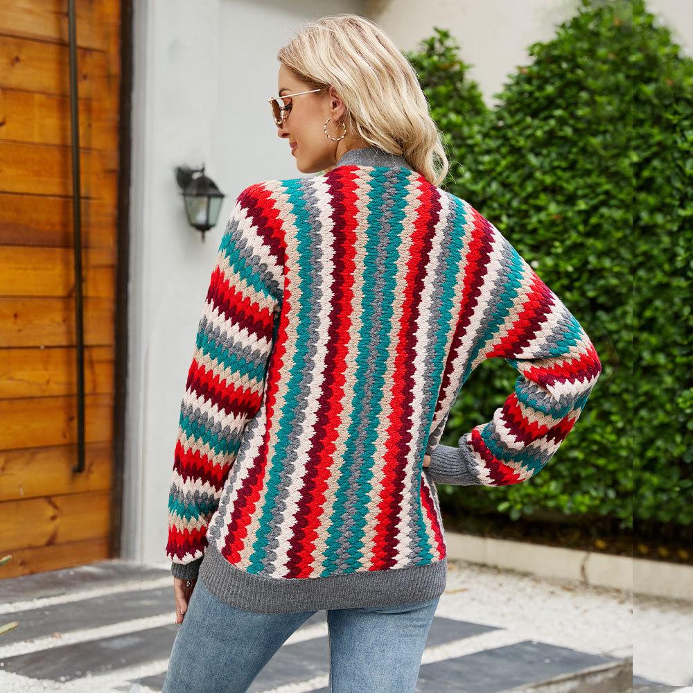 Autumn and Winter Striped New Loose Women's Knitwear Women's Single-breasted Cardigan Sweater Women