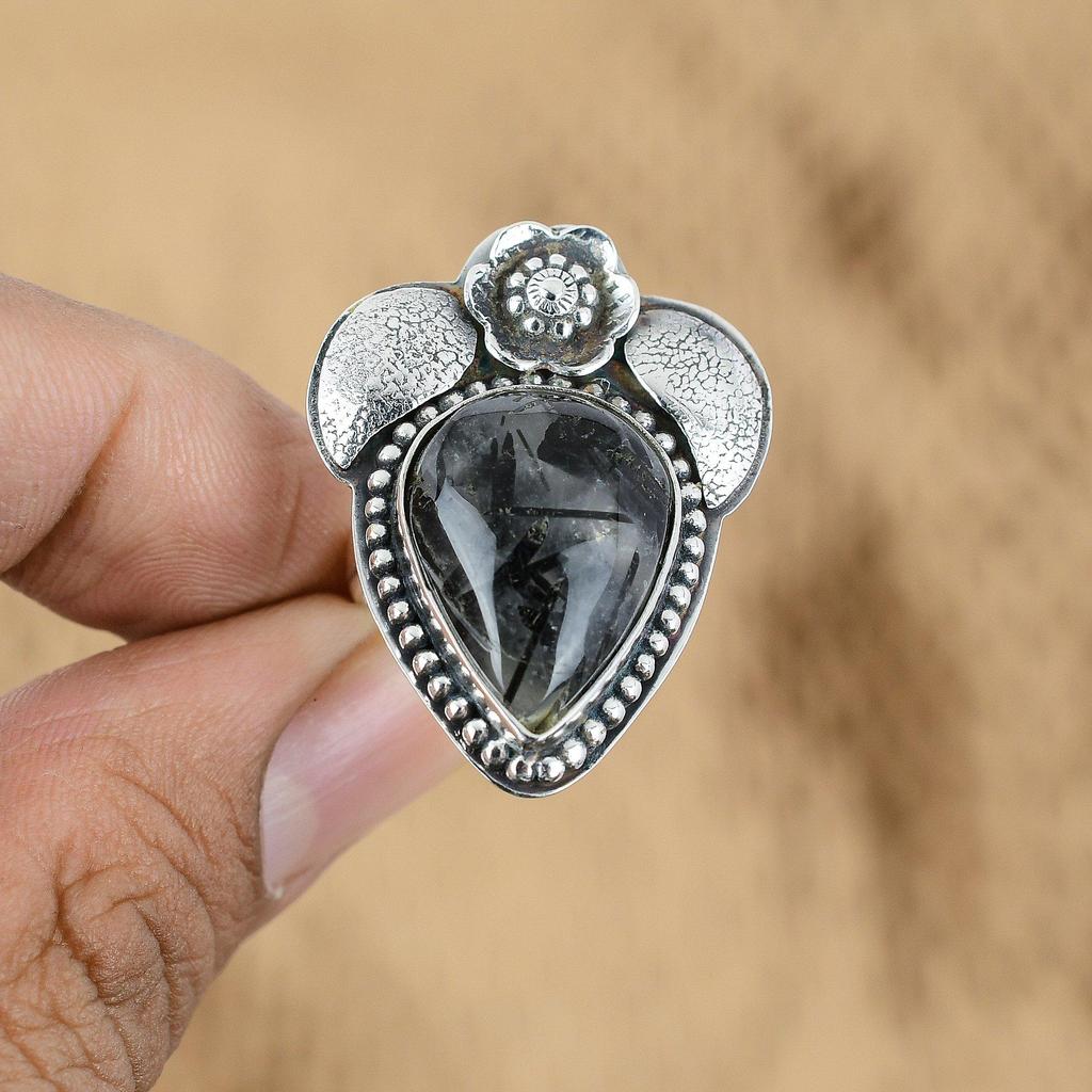 Распродажа ко Дню женщин Кольцо из стерлингового серебра с грушевидным драгоценным камнем черный рутил для дочери, цветок