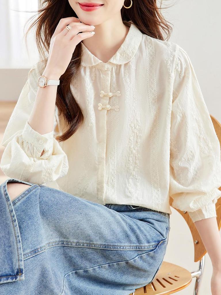 Women's Apricot Embroidered Long-Sleeve Cotton Shirt