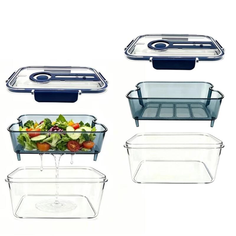 Produce Storage Container with Drain Tray and Locking Lid, Plastic Fridge Storage Box for Fruit and Vegetable Use