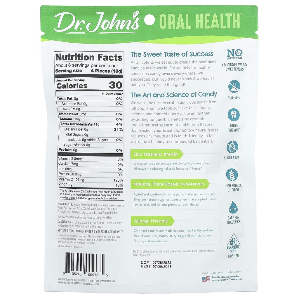 Dr. John'S Healthy Sweets, Oral Health™, Fresh Breath Drops, + Zinc Crystals, Lemon Spearmint, Sugar Free, 109 G (3.85 Oz)