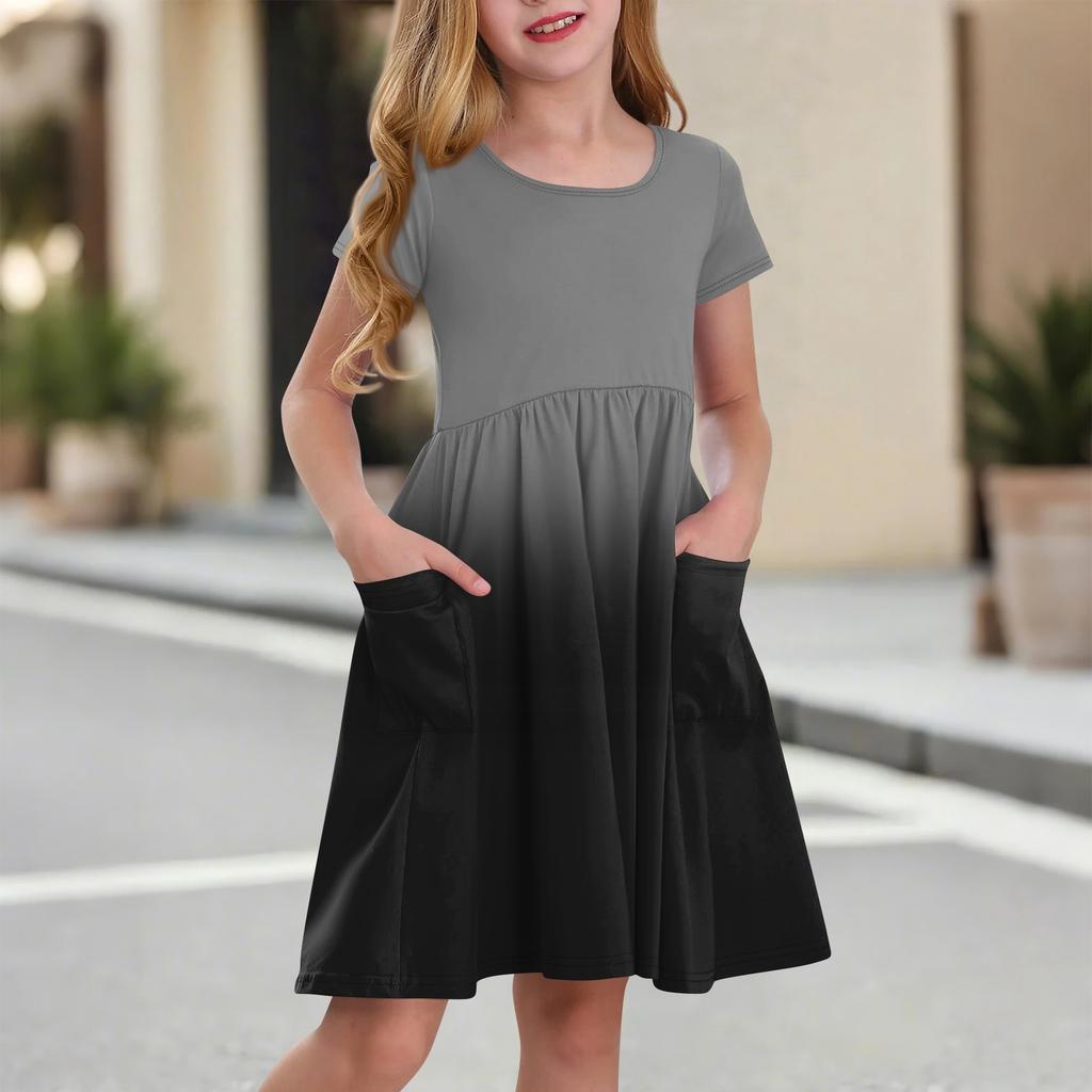 Детская юбка с круглым вырезом и коротким рукавом, платье принцессы, модное повседневное платье с карманами для девочек