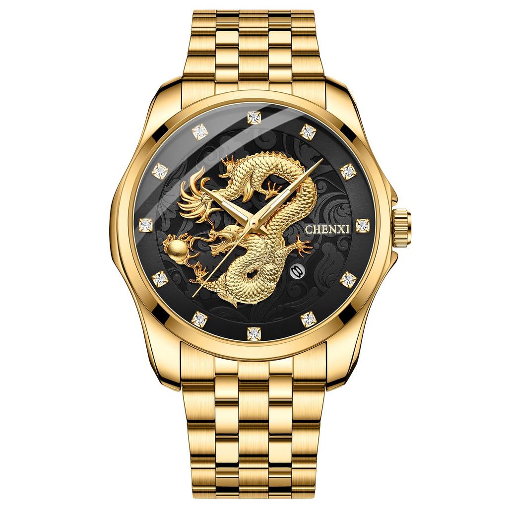 Dragon Stainless Steel Gold Analog Waterproof Quartz Fashion Watch In Gold Perfect Gift for Day Men's Watch Display, Calendar, Watch, - Birthdays,
