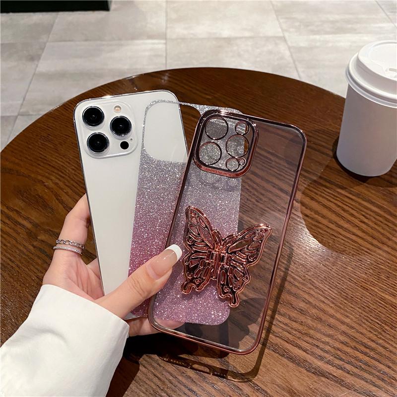 Sparkly Phone Case for iPhone 17 16 15 Pro Max with Butterfly Stand Gradient  Full Cover Glitter Case