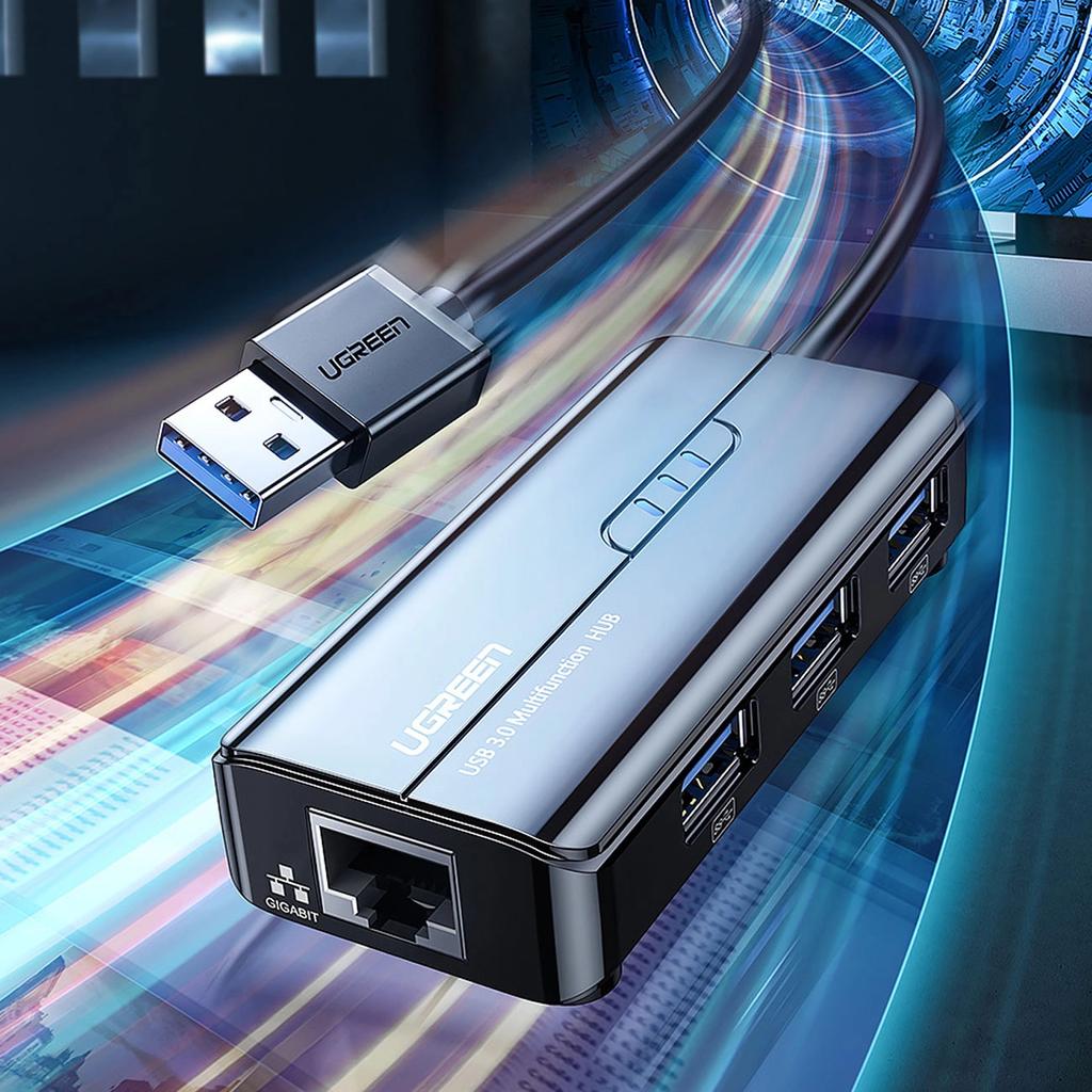 Ugreen 20265 USB-A / RJ45 1000 Мбит/с Хаб 3x USB 3.0 Сетевой адаптер - Черный