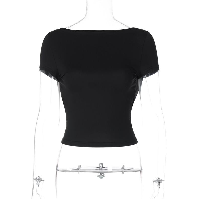 Летняя простая элегантная короткая сексуальная футболка с открытой спиной, женская модная однотонная уличная футболка с вырезом-лодочкой, женская повседневная облегающая черная футболка, женские топы 25554