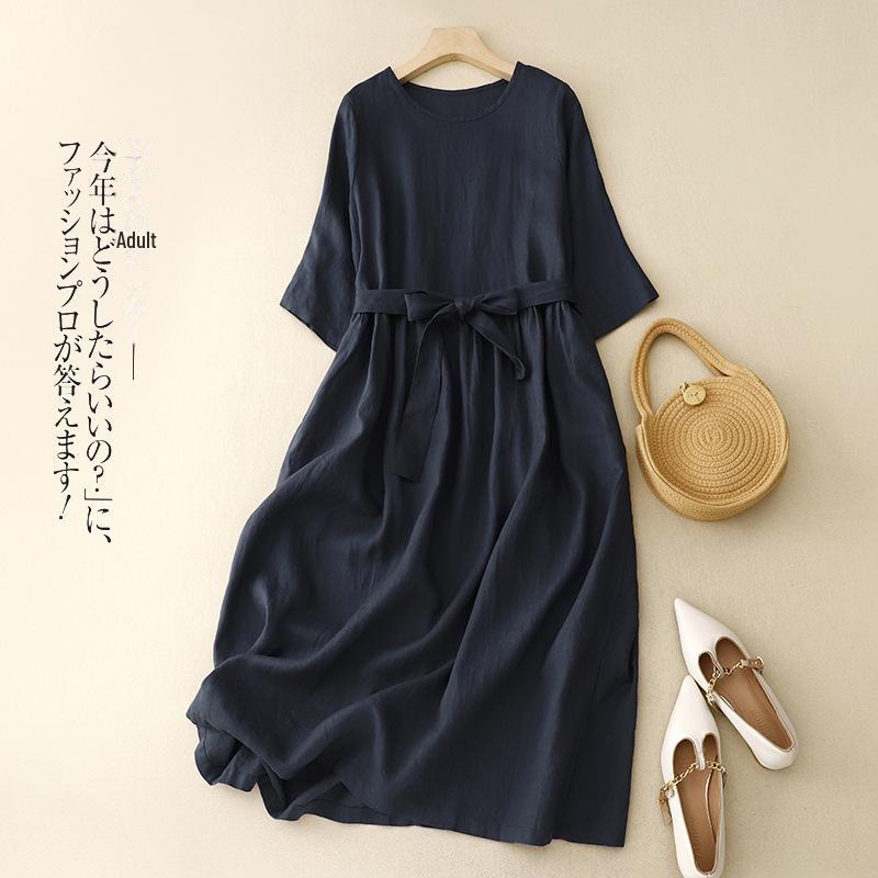 Женское свободное хлопковое льняное платье макси 2023 года с поясом, круглым вырезом, короткими рукавами и художественным стилем